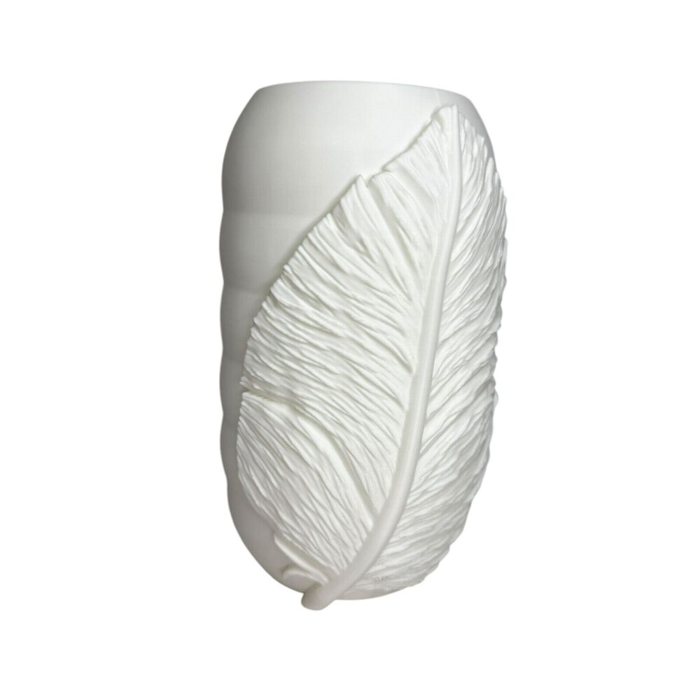 White Feather Embossed Vase Textured Plastic Style Boho Minimalist Home Decor 8"